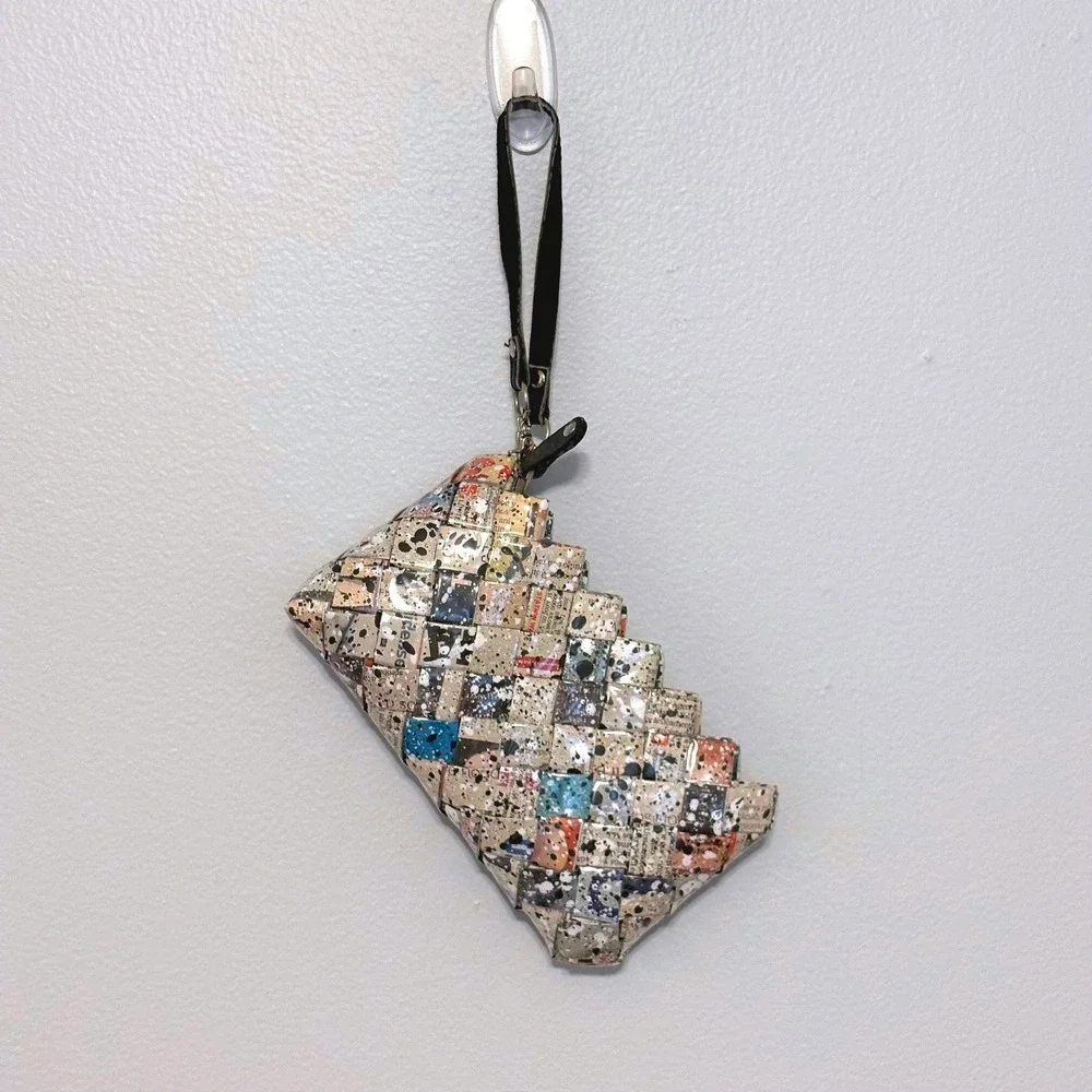 Nahui Ollin Recycled Paper Woven Wristlet Clutch Newspaper Paint Splatter Print